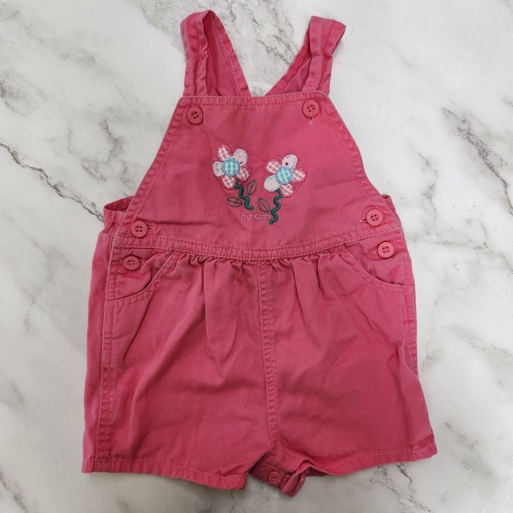 Vintage Oshkosh Baby Pink Flower 100% Cotton Denim Overalls Shorts Girls 12M XL